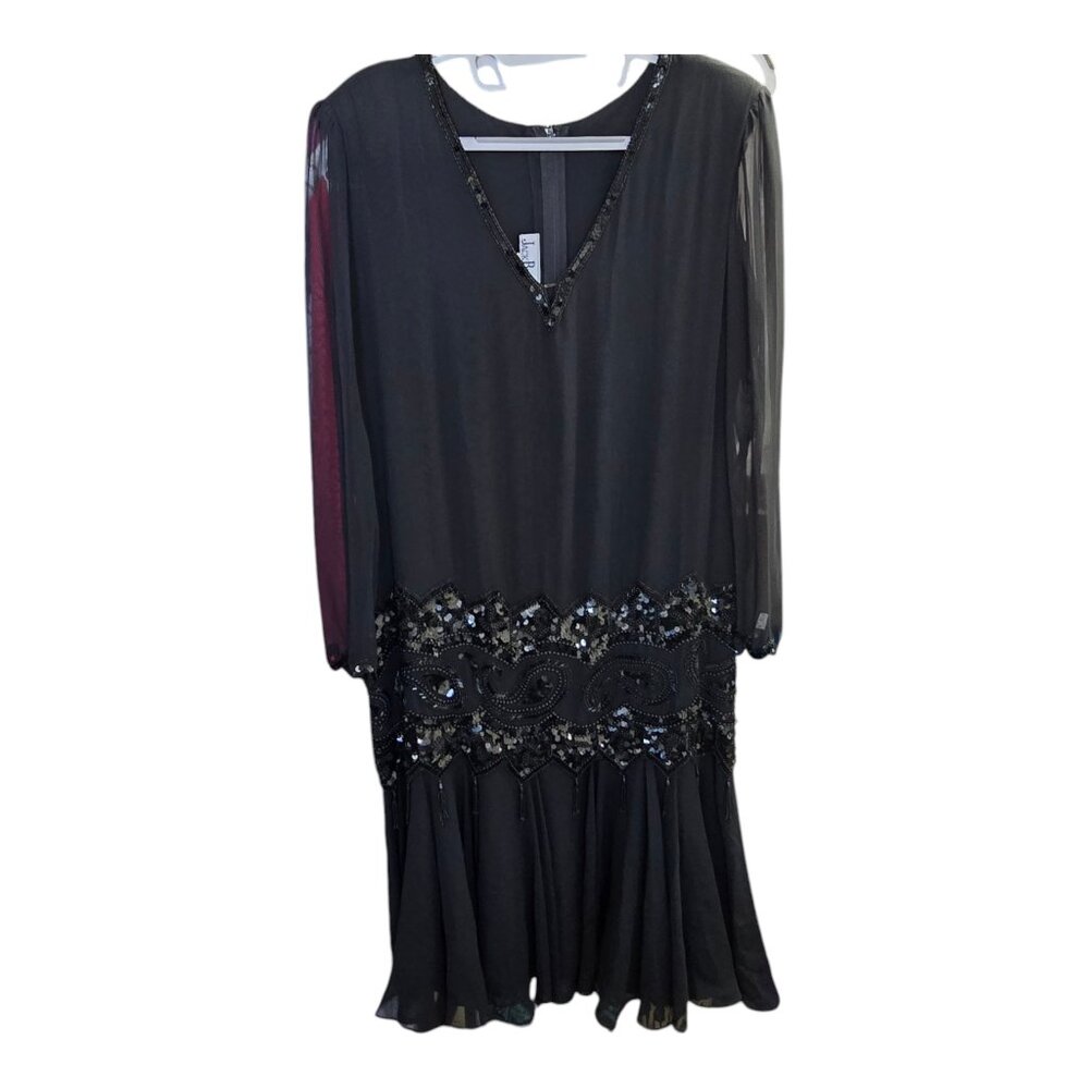 Jack Bryan Beaded Drop Waist Black Cocktail Dress Vintage Style